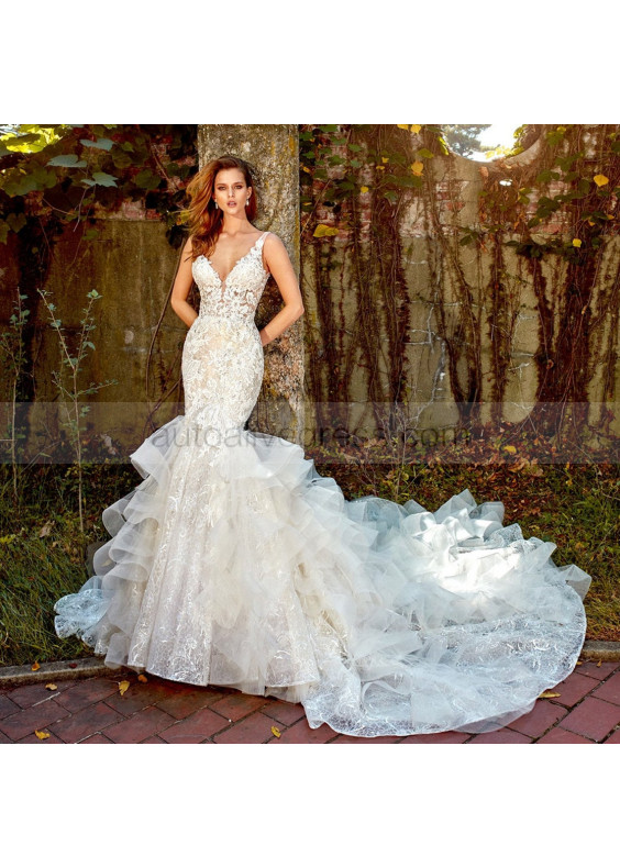 V Neck Beaded Ivory Lace Tulle Ruffle Wedding Dress
